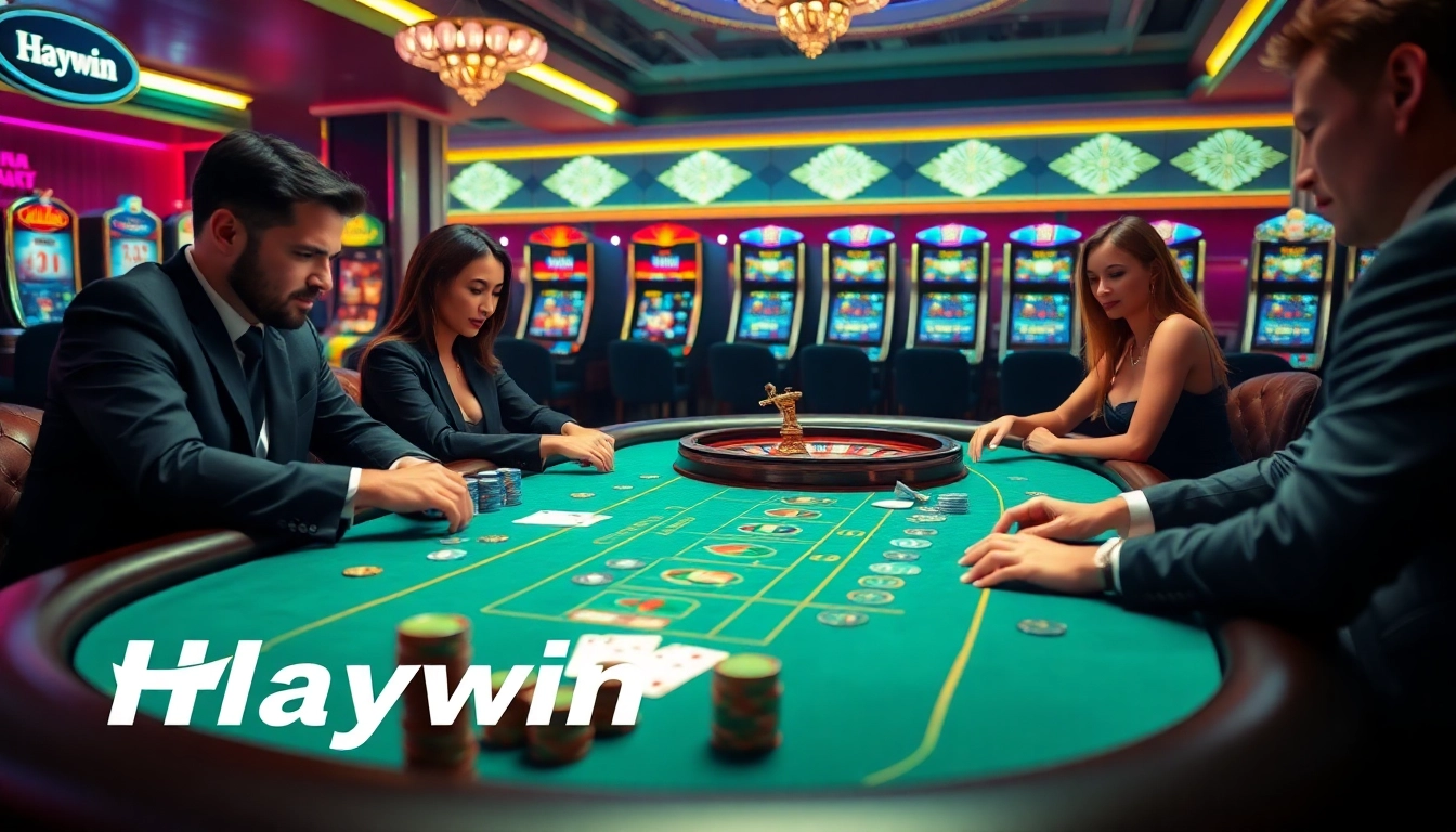 Players engaging in blackjack at Haywin casino, surrounded by vibrant slot machines and poker chips.