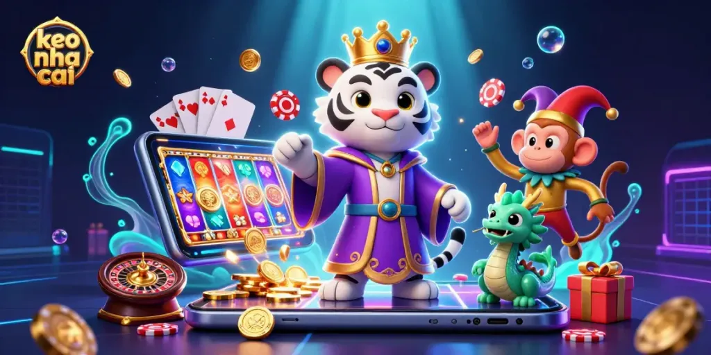 Engage with keo nha cai as a white tiger in royal attire dazzles, surrounded by vibrant casino symbols.