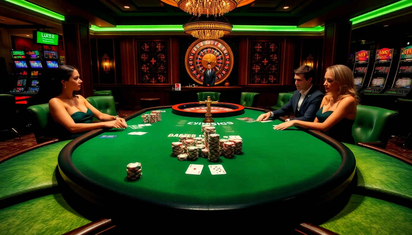 Players enjoy high-stakes poker at LUCK 8 in a luxurious casino setting with vibrant designs.