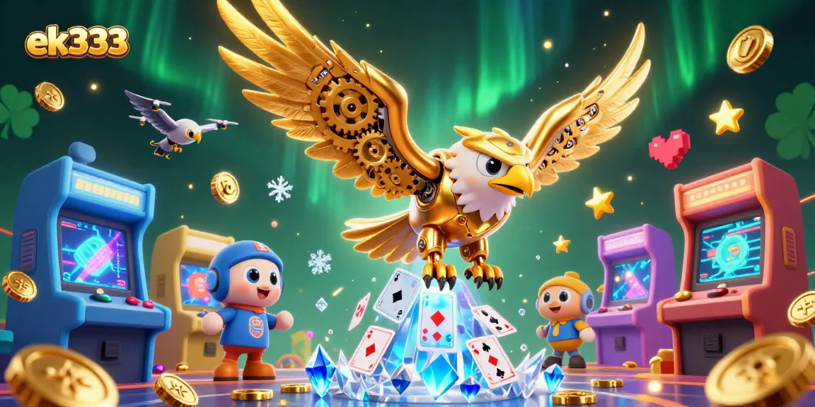 Experience thrilling luck with ek333, featuring a golden eagle amidst vibrant casino imagery.
