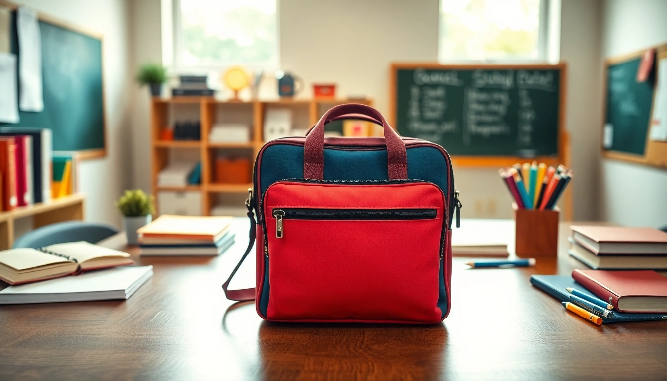 Entdecken Sie die Handytasche Klassenzimmer in einer einladenden Lernumgebung mit Schreibtisch und Büchern.