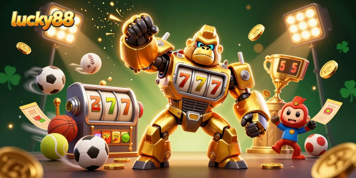 Engage with lucky88's exciting slots featuring a golden gorilla mech and dynamic sports elements.