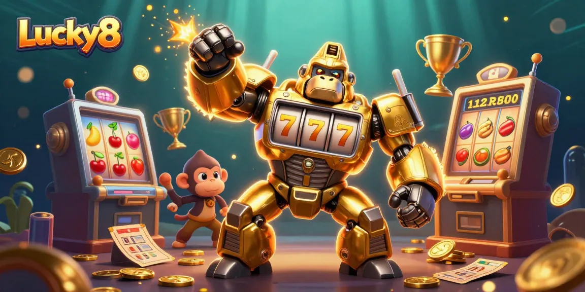 Experience thrilling slots with Lucky8 featuring a golden gorilla mech and dynamic game elements.