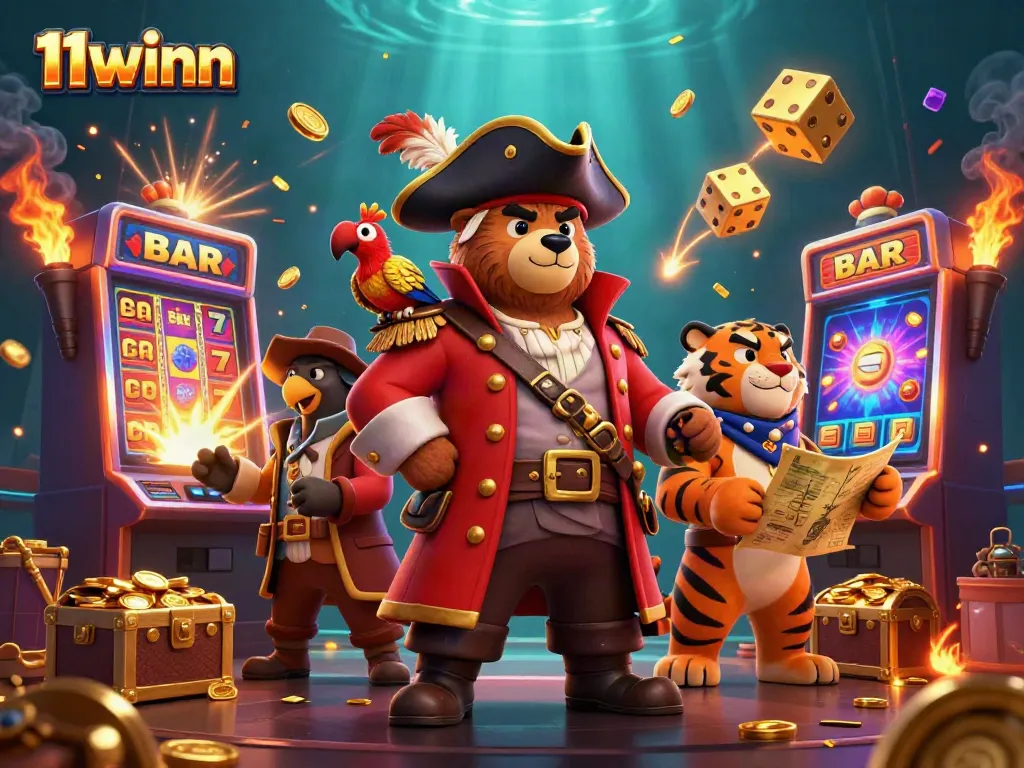 Experience excitement with 11winn pirate-themed casino games featuring a bear captain, slot machines, and rich treasures.