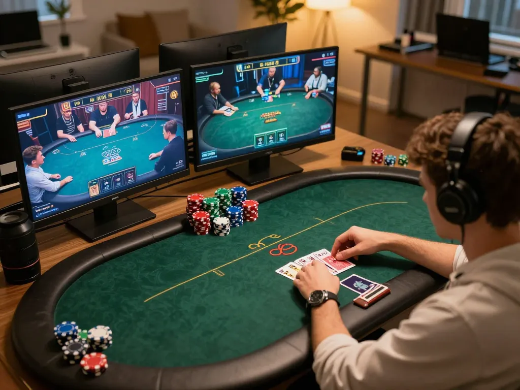 Players engaging in online poker strategies with rokok88 in a cozy home setting, showcasing their focus on gameplay.