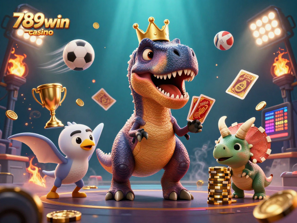 Engage in thrilling action at 789win casino as friendly dinosaurs play cards and stack chips.