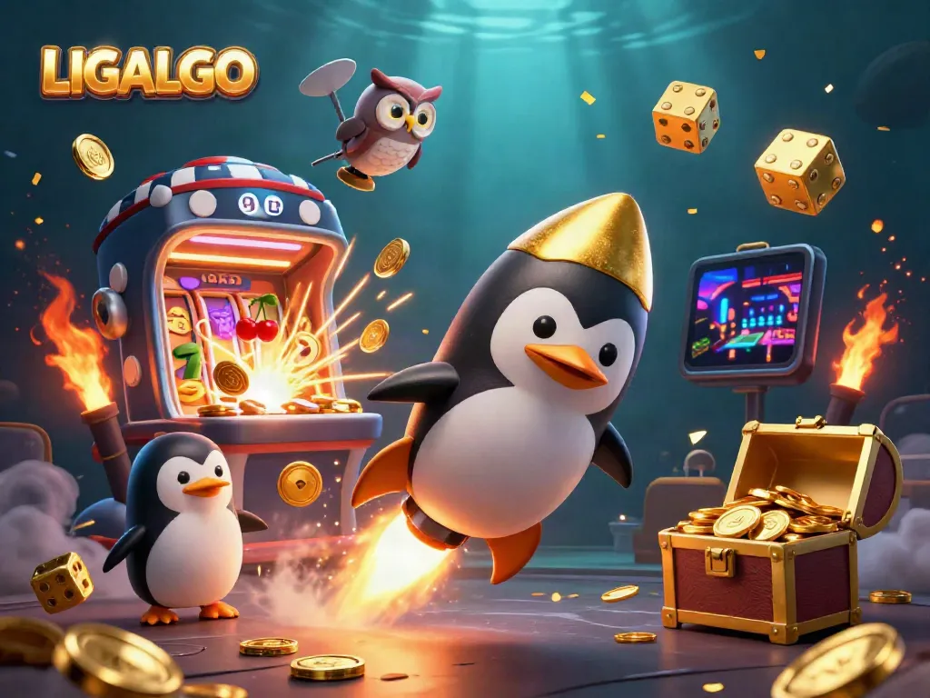 LIGALGO's golden penguin and slot jackpot explosion representing the excitement of online gambling.