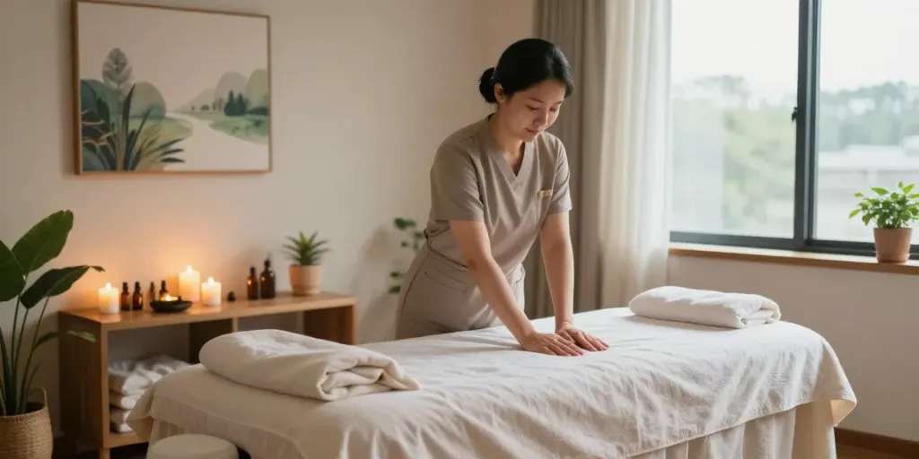 Experience tranquility with 강남출장안마 in a serene massage therapy room filled with essential oils and soothing candles.