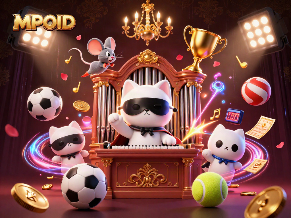 Experience the thrill of MPOID gaming with this vibrant, dynamic casino scene filled with lively characters and sporting elements.