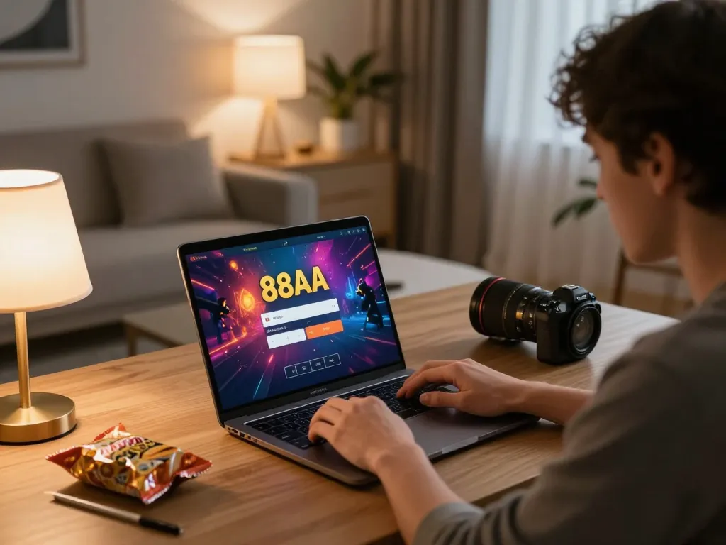 88aa đăng nhập on laptop screen with vibrant online casino graphics in a cozy home setting