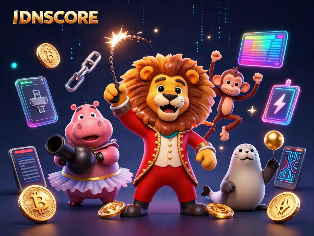 Experience IDNSCORE's vibrant 3D illustration featuring animated circus characters interacting with crypto game elements.