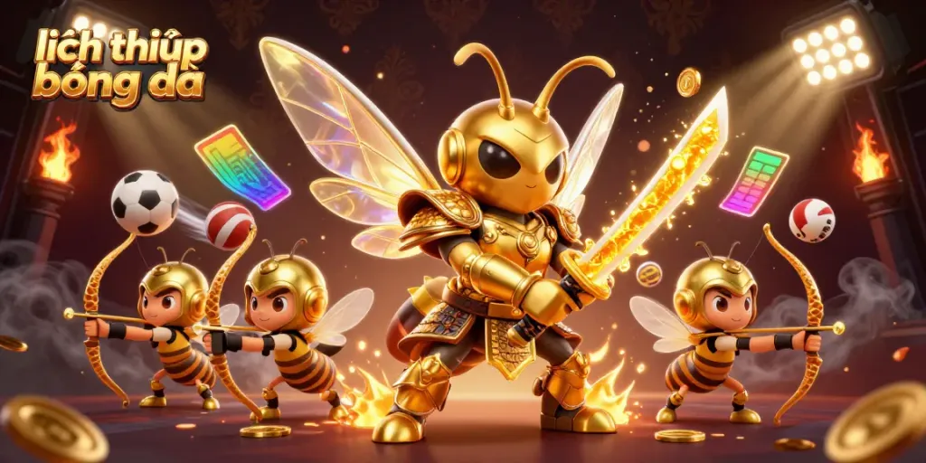 Engage with the exciting world of lịch thi đấu bóng đá, featuring a dynamic scene with a golden hornet samurai and supporting elements.