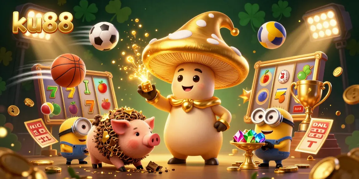 Experience the magic of ku88 with the golden wizard, treasure pig, and slot reels in a vibrant casino scene.