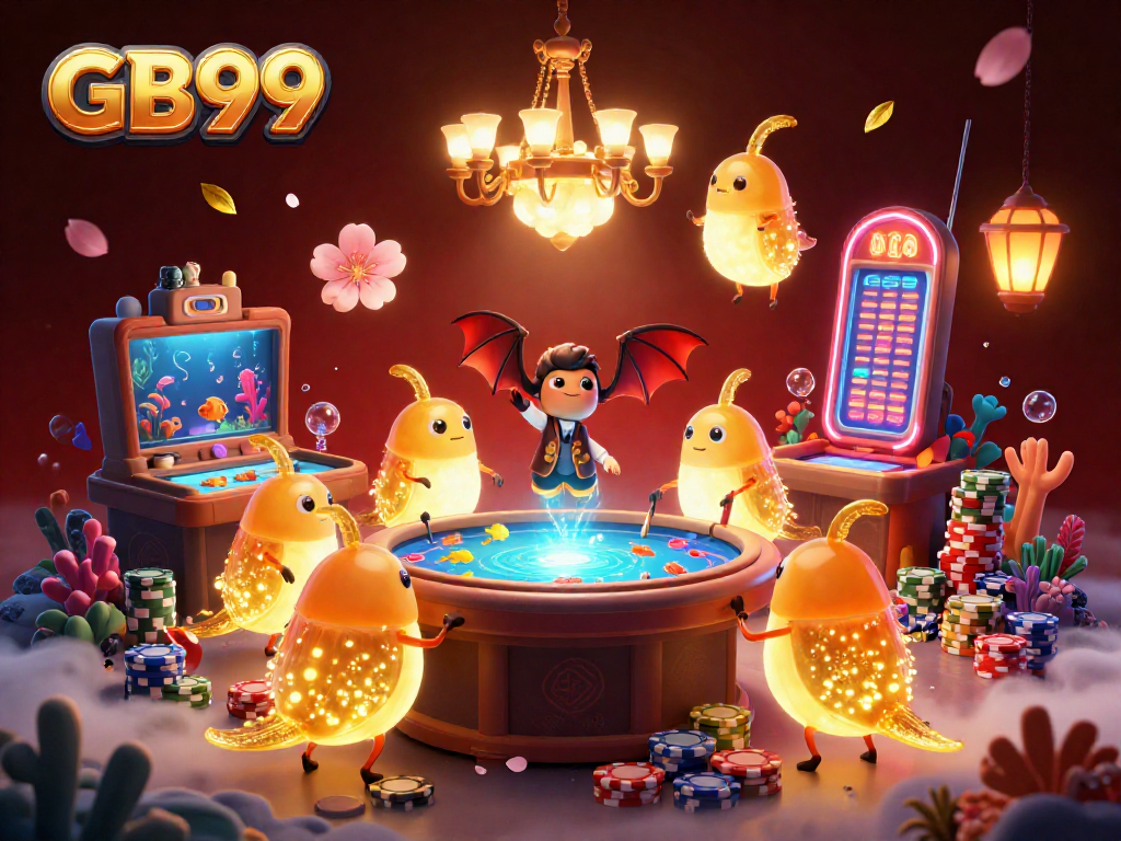 Experience the excitement at GB99 with a captivating underwater casino ambiance filled with glowing characters and vibrant game elements.