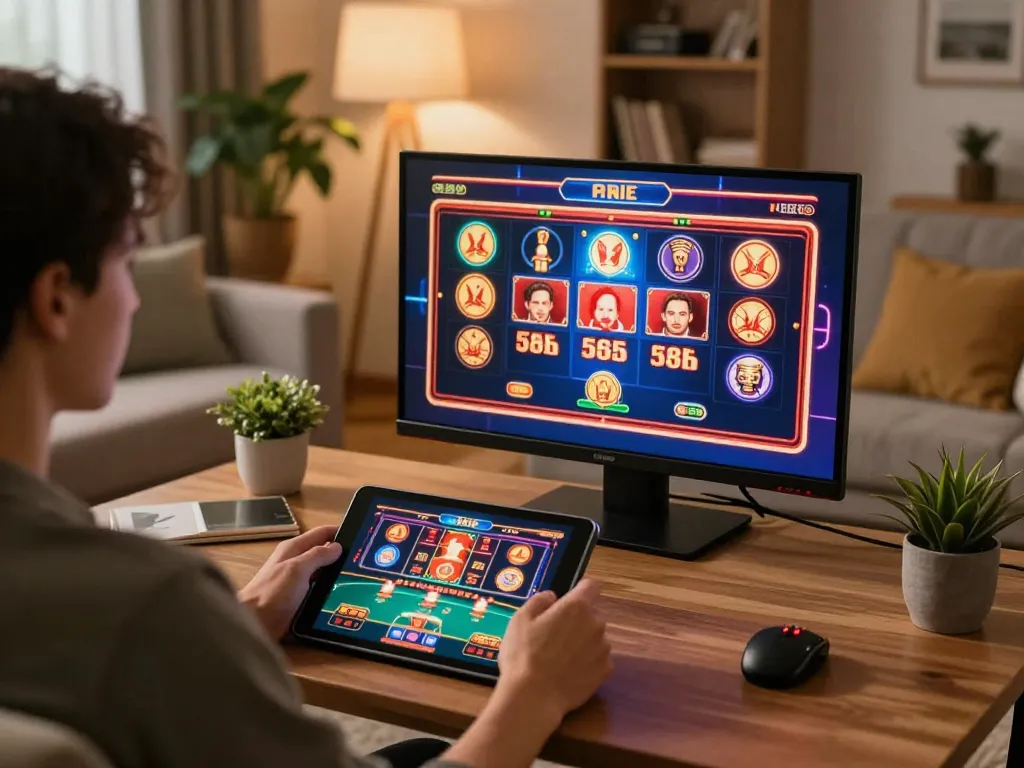 Engaging in online luck8 gameplay on a tablet in a cozy home setting with vibrant casino imagery.