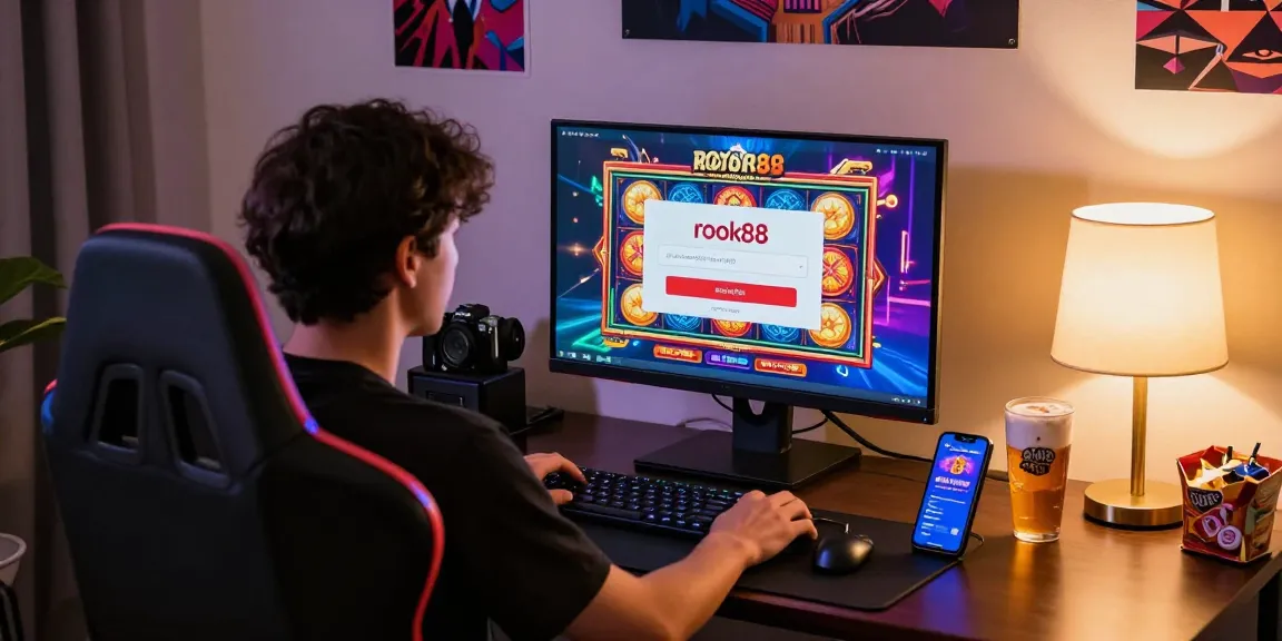 rokok88 slot login screen showcased on a vibrant gaming setup with snacks and drinks.
