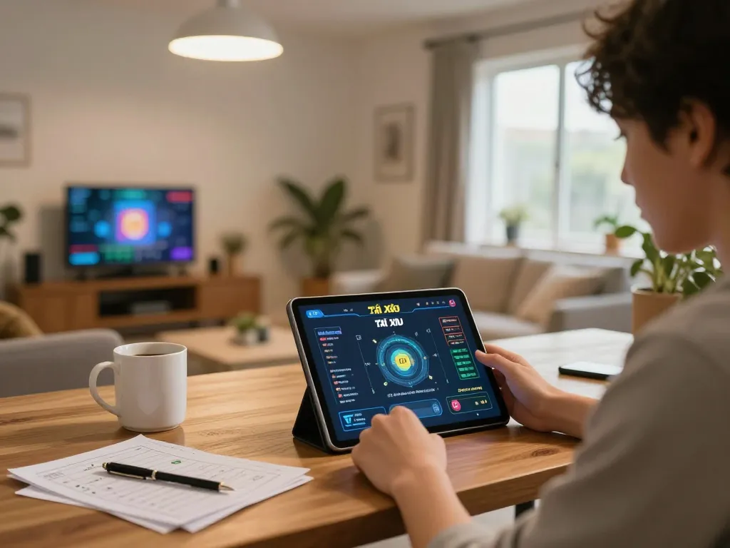 Player engaging in Tài Xỉu MD5 game on tablet, with strategic notes visible on table for better odds.