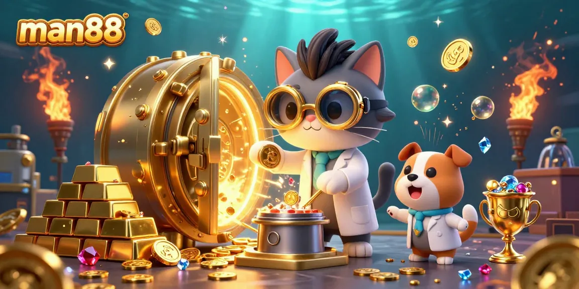 Join man88 for a thrilling gold-crafting adventure with a mad scientist cat and loyal dog in a vibrant casino setting.