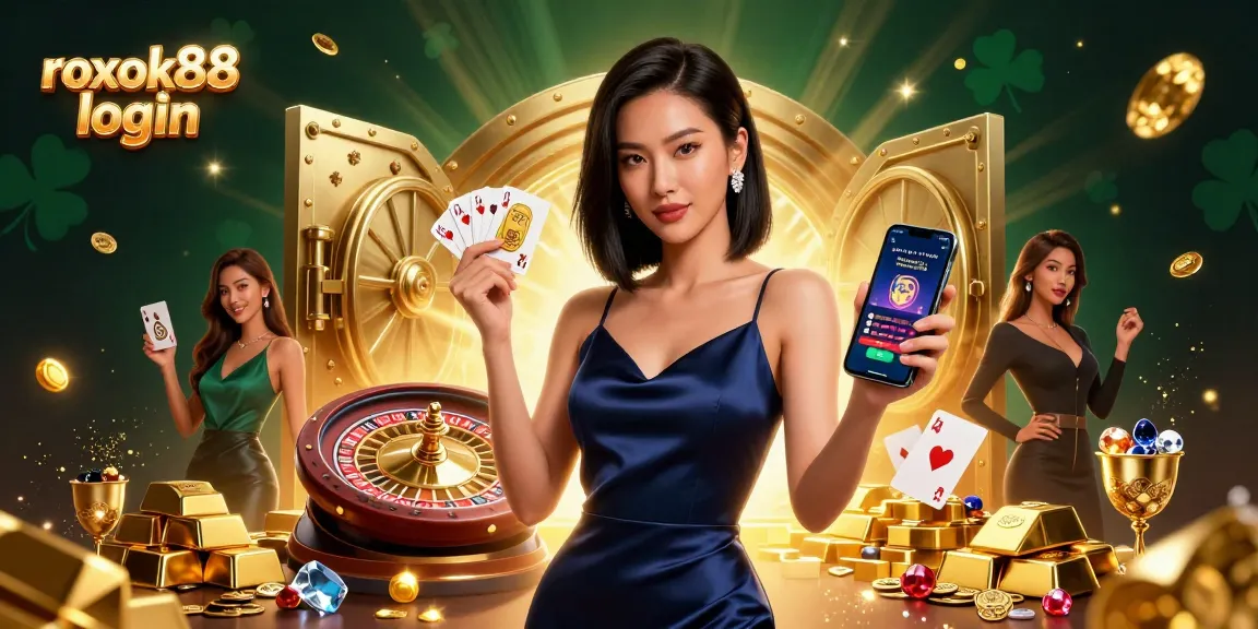 Engage with rokok88 login for premium gaming excitement, featuring a glamorous Asian woman and casino elements.