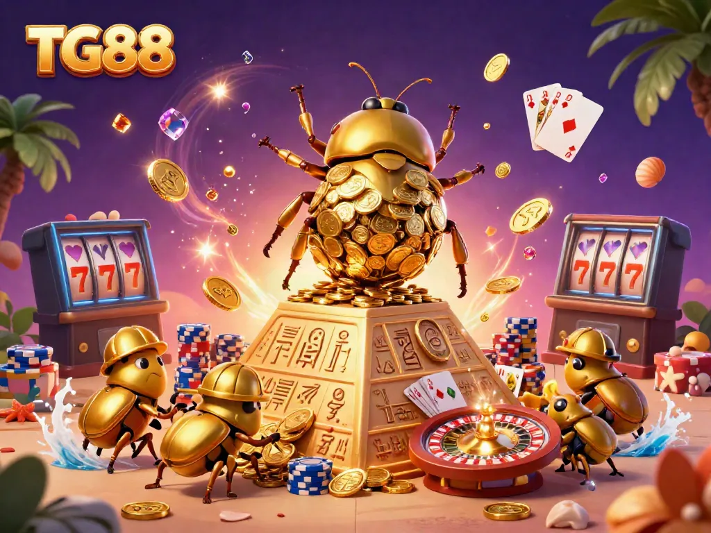 Experience the thrill of TG88 with a dynamic 3D casino scene featuring golden beetles and casino symbols.