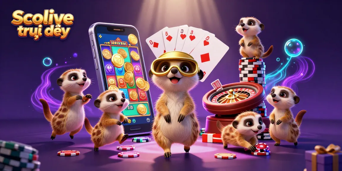 Socolive trực tiếp showcases a bustling meerkat-run casino scene, featuring vibrant games and dynamic slot inspirations.