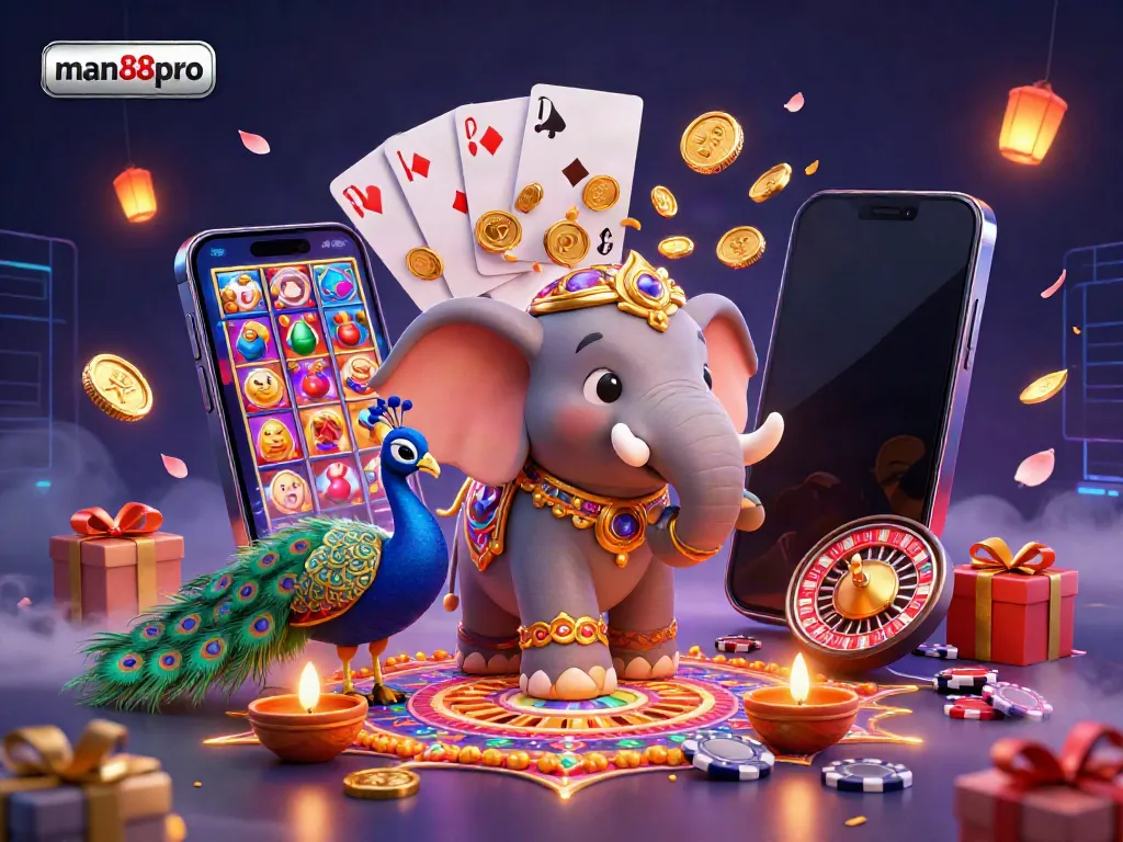 Engage with thrilling games at man88pro showcasing a colorful 3D scene with casino elements.