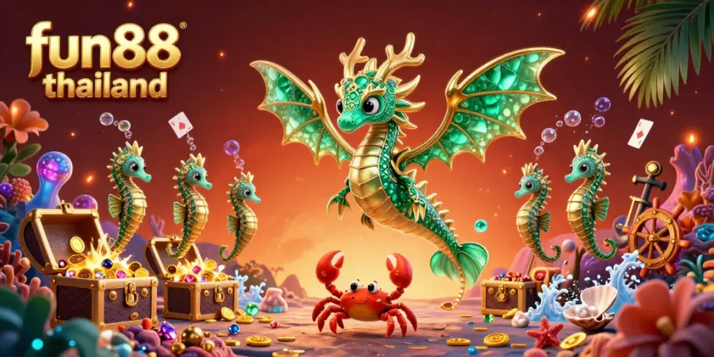 Experience the thrilling world of fun88 thailand with a magical underwater scene featuring a jewel-encrusted sea dragon and treasure.