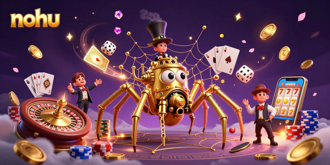 NoHUSteampunk spider captivating dice in a web of poker chips amidst casino elements.