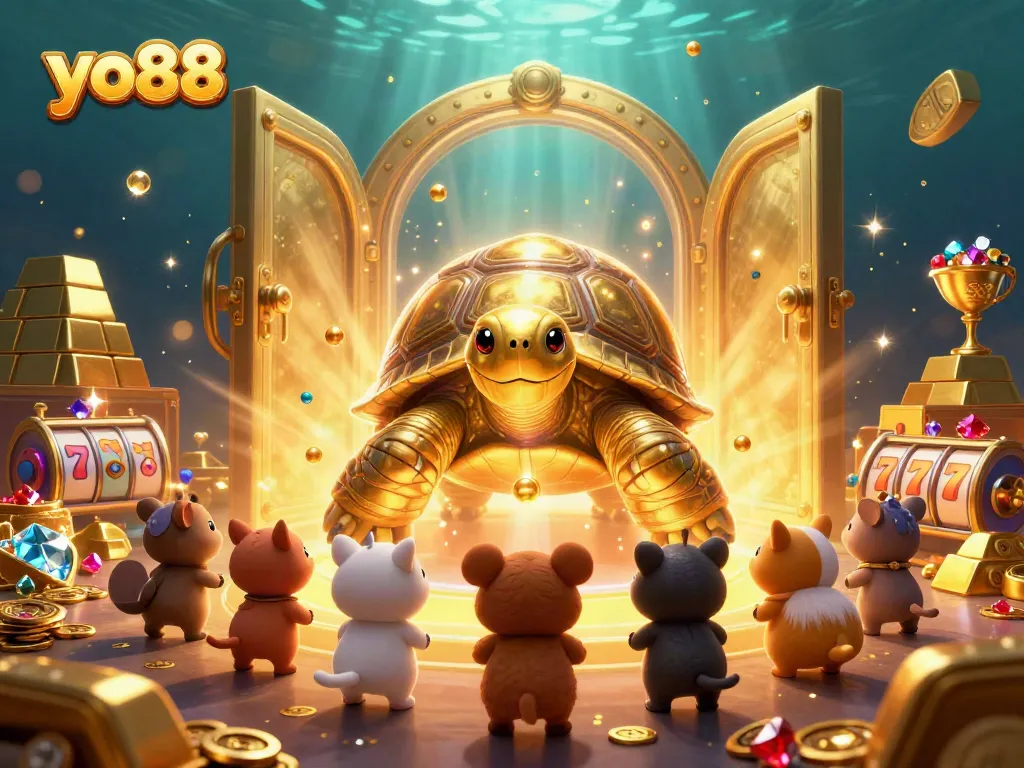 Engage in thrilling slots action with yo88's vibrant cartoon scene, featuring a golden tortoise and exciting treasures.