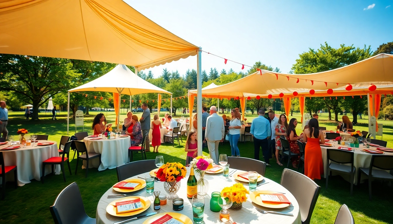 Host an unforgettable event with Outdoor Party Rentals featuring cheerful guests and elegant decorations.
