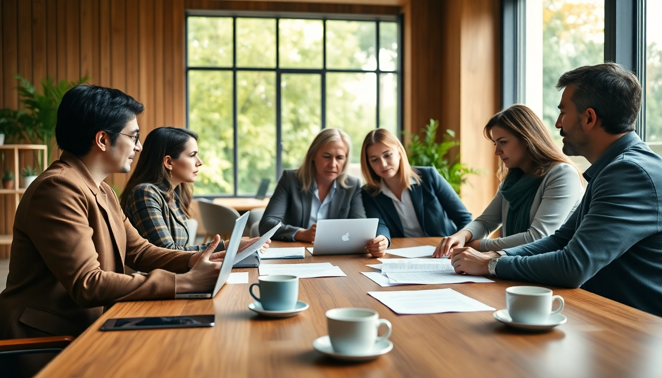Estate Planning consultation with professionals discussing important legal documents in a warm office.