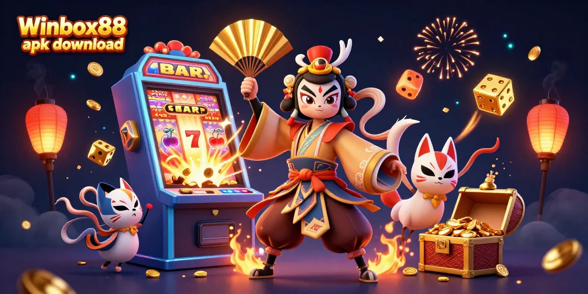 Winbox88 apk download offers fun with kabuki warrior and slot machine in a dazzling casino scene.