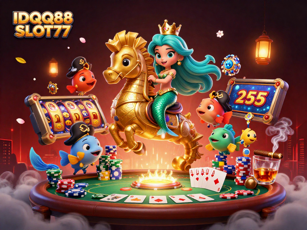IDQQ88 SLOT77 showcases a vibrant mermaid scene with animated slot reels and poker elements.