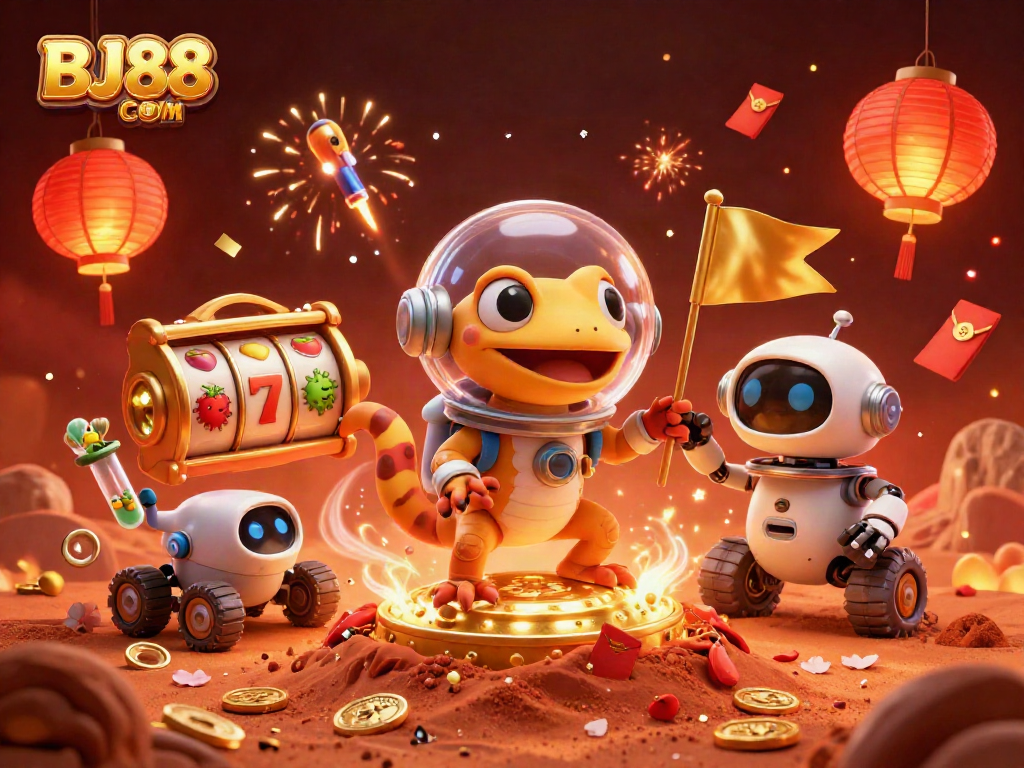 Engage in thrilling gameplay at BJ88 COM with a vibrant 3D casino scene showcasing excitement and wins.