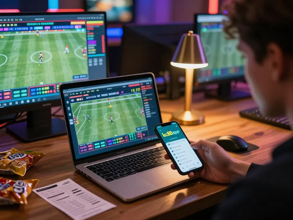 Engaging moment using the lc88app for live sports betting with focused attention on multiple screens