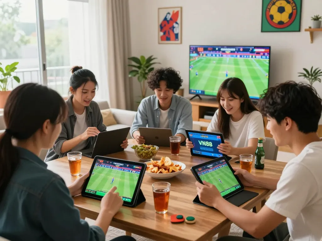 Friends enjoying online betting on VN88 in a lively living room setting.