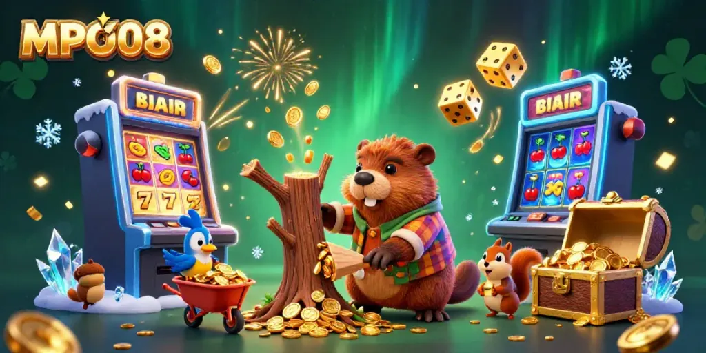 Experience fun and excitement with MPO08's vibrant casino scene filled with gold coins and thrilling games.