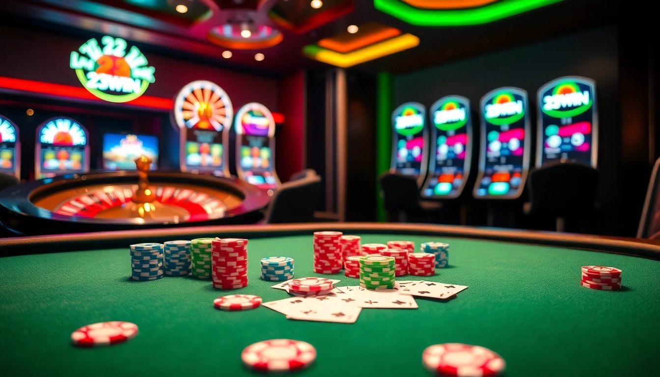 Experience the thrill of 23WIN casino with a vibrant poker table filled with chips and cards.
