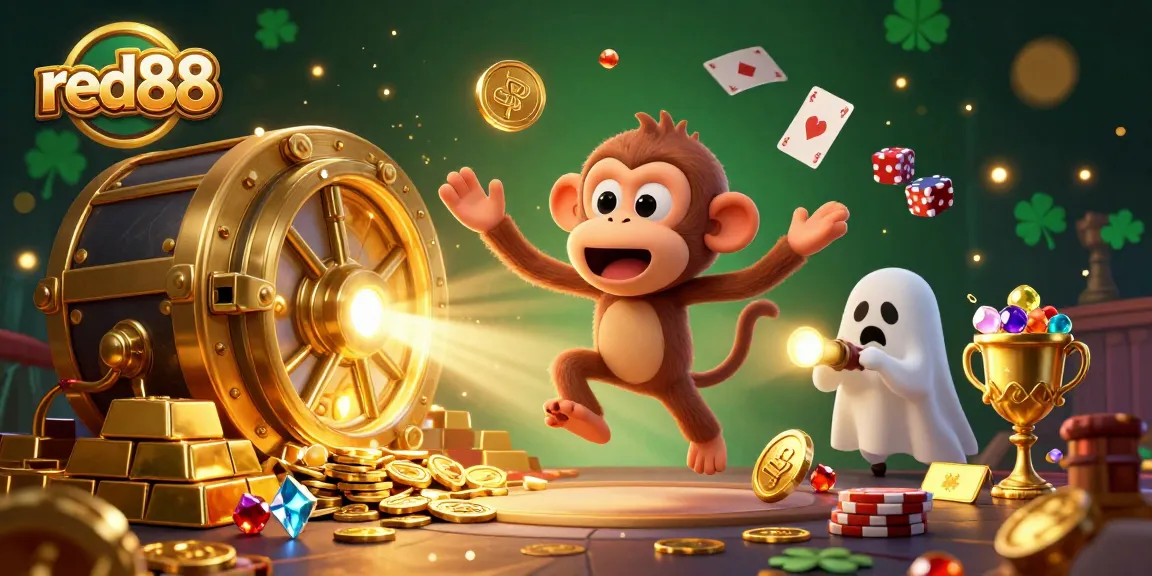 Experience excitement at red88 with a mischievous monkey and curious puppy in a thrilling casino scene.