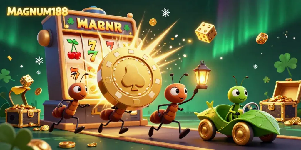 Experience the thrill of MAGNUM188 as cartoon ants carry a giant poker chip through a vibrant casino heist scene.