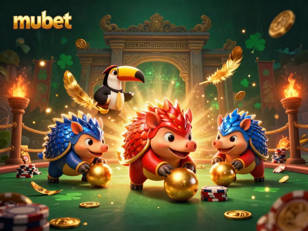 Experience the excitement of mubet as pangolins roll through poker chips in a vibrant casino scene.