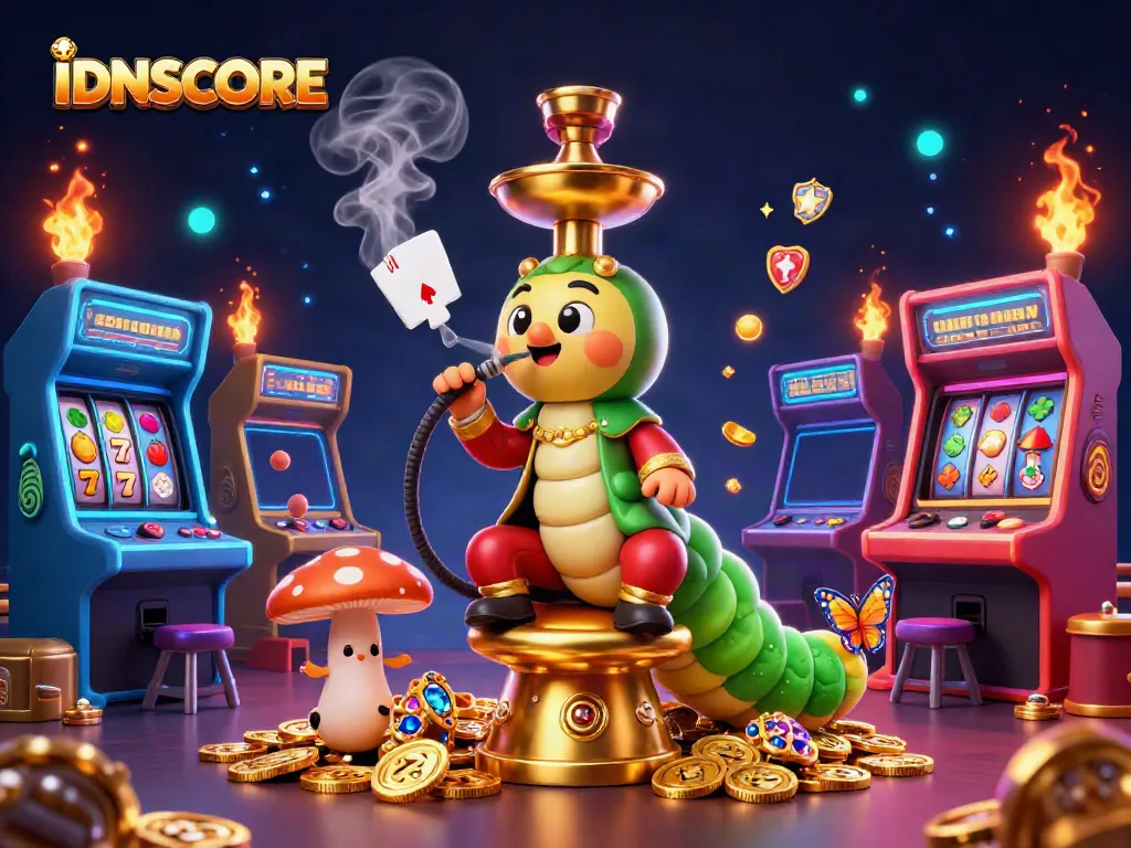 Engage with IDNSCORE's vibrant gaming world, featuring a whimsical caterpillar and colorful casino elements.