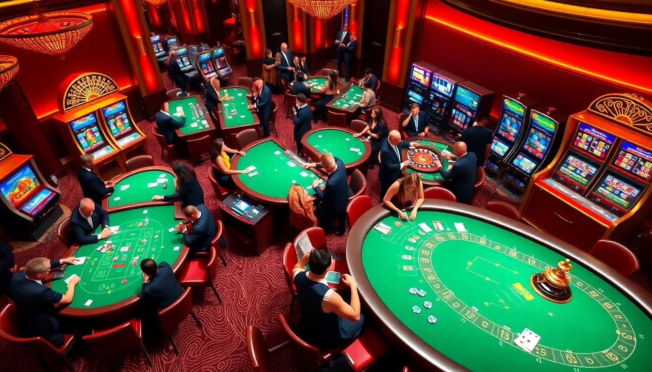 Players experiencing excitement at i9bet's vibrant casino, engaging with cards and betting.
