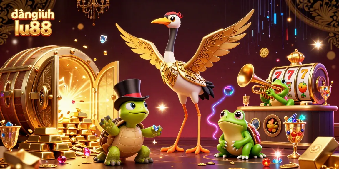 Engage with the stunning scene featuring đăng nhập lu88 where a crane, turtle, and frog join in a casino fantasy.