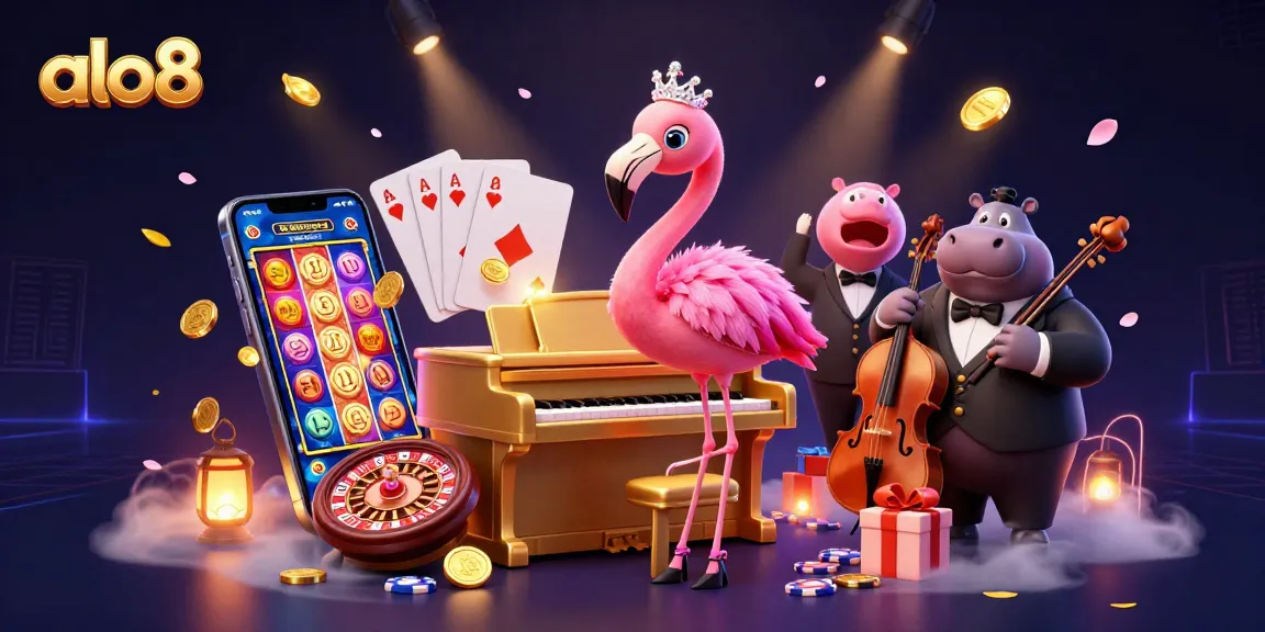 Join the fun at ALO8 with vibrant casino games as flamingo singer and hippo bassist entertain.