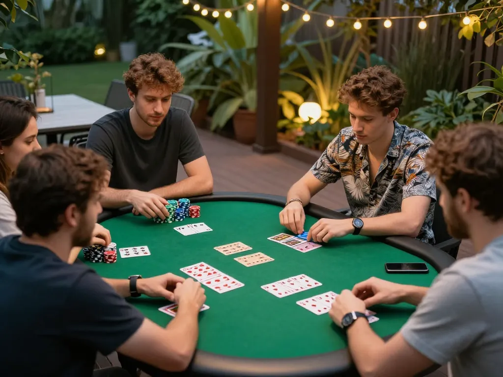 Friends engaged in strategic poker gameplay at 88betcom outdoor venue, highlighting social gambling.