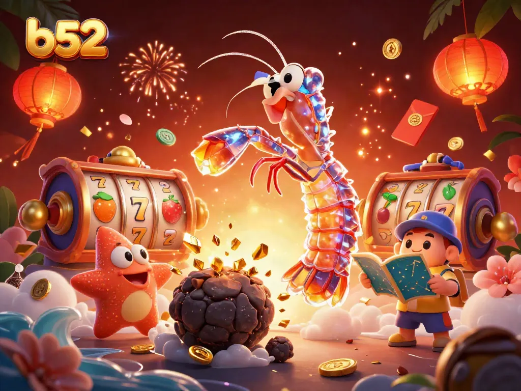 The b52 gaming experience reveals excitement with a galactic mantis shrimp winning big in a casino scene.