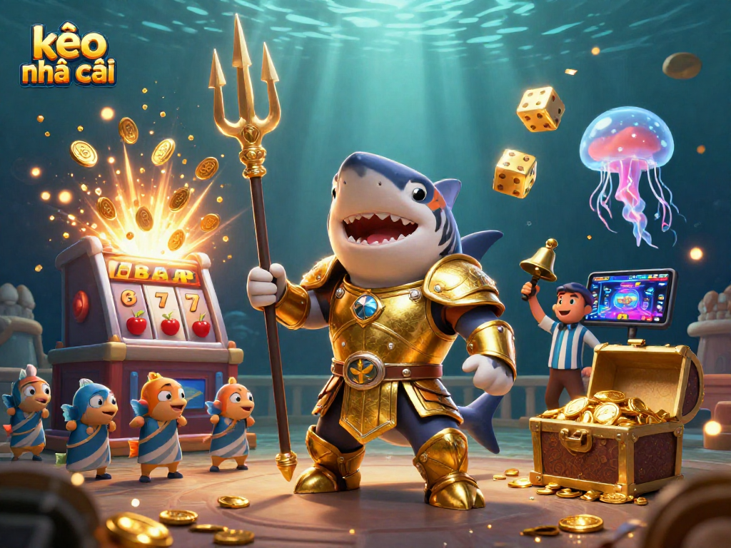 Experience kèo nhà cái excitement with a 3D shark gladiator amid vibrant casino-themed elements.