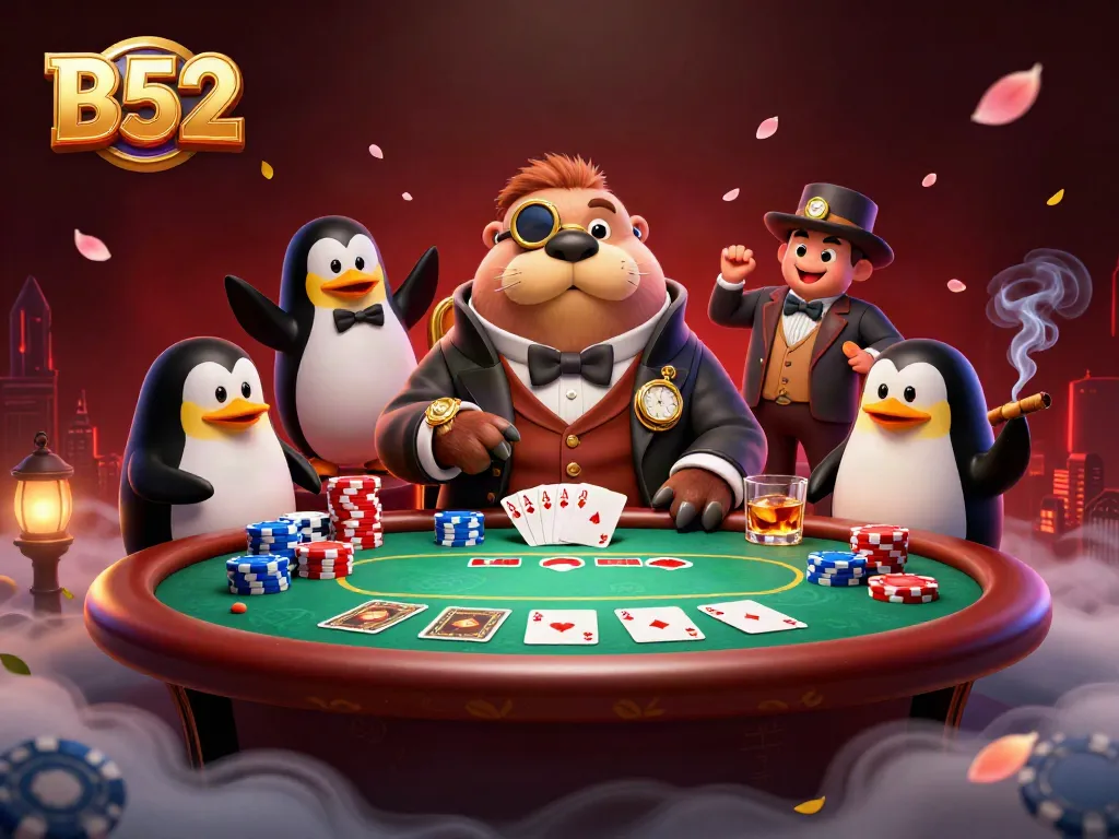 Playing poker with a B52 theme: a jolly walrus, penguin dealer, and pufferfish bluffing