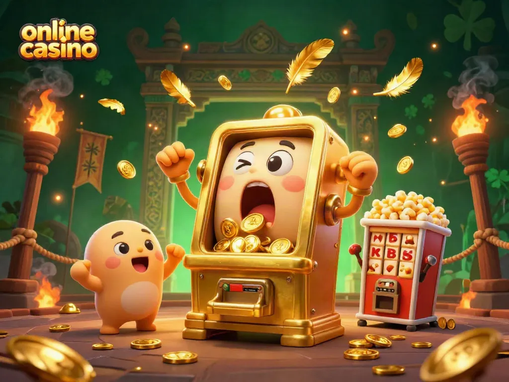Juega en un casino online con la máquina tragamonedas dorada y su espectáculo de monedas.